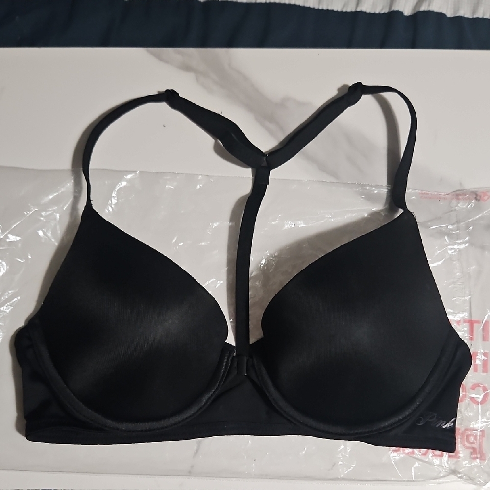 PINK VS T-BACK WEAR EVERYWHERE FRONT CLOSE LOGO PUSH UP BRA 34B BLACK LIKE NEW